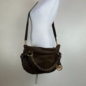 Michael Kors Tristan Mocha Satchel/Crossbody Suede Leather Snakeskin Gold Plated